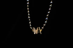 Farasha Iradescent Grey Freshwater Pearl Necklace (Mother of Pearl Butterfly)