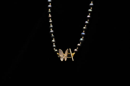 Farasha Iradescent Grey Freshwater Pearl Necklace (Mother of Pearl Butterfly)