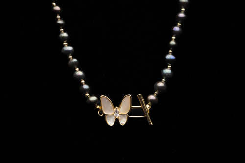 Farasha Iradescent Grey Freshwater Pearl Necklace (Mother of Pearl Butterfly)